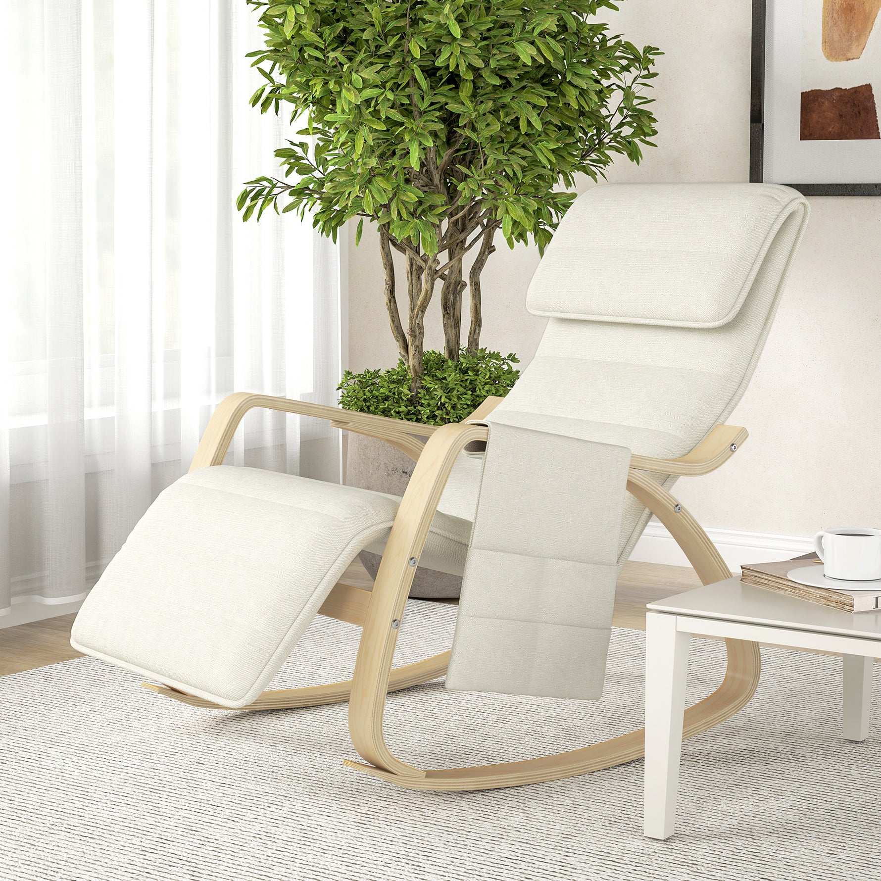 Fauteuil relax à bascule fauteuil allaitement avec repose-pieds réglable, poche latérale et appui-tête, blanc crème