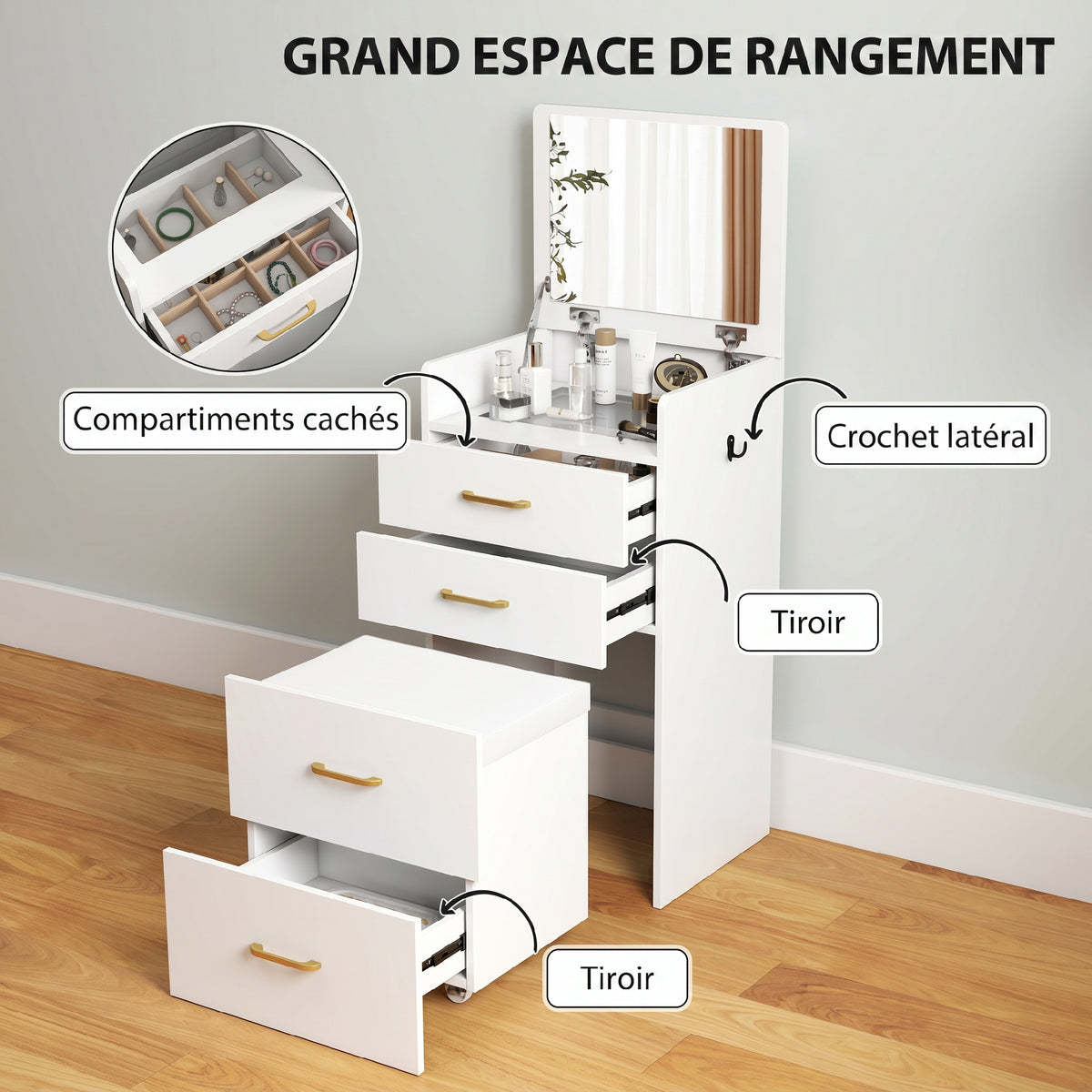 Coiffeuse avec miroir et tabouret 3 en 1, 3 tiroirs et plateau en verre visible, coussin rembourré, 48 x 40 x 90 cm, blanc