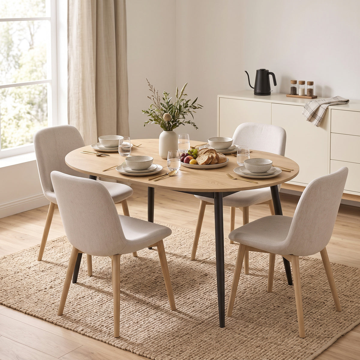 Mesa de comedor extensible ovalada para 4 a 6 personas, mesa de cocina 120-160 cm, bordes redondeados, roble