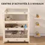 Cage Hamster 3 Étages en Bois avec Bac Amovible, Couvercle Ouvrant, Bascule, Cabane, Fenêtre, 68x61,5x90cm, Naturel