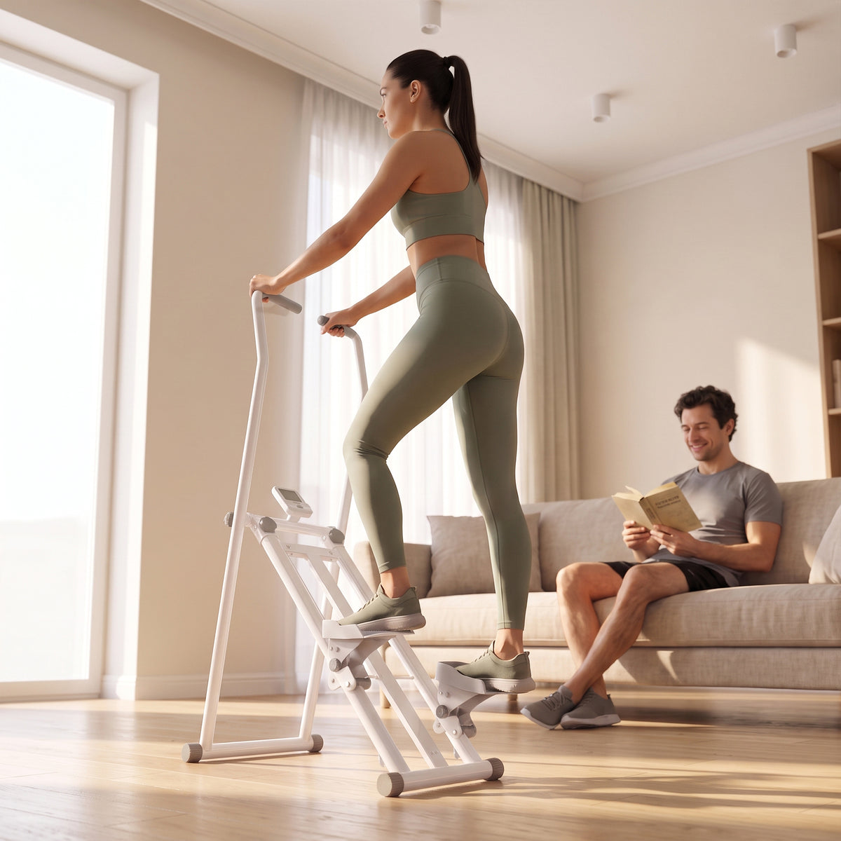 Stepper d'Escalier Pliable, 3 Niveaux de Résistance, Hauteur Réglable, Écran LCD, Charge 150 kg, 90x50x133cm, Blanc
