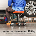 Tailer-taburetea, 360°-tan biratzen duten 5 gurpilekin, altuera erregulagarria 38-50 cm, erretiluarekin, 38 x 38 x 38-50 cm, laranjakoa