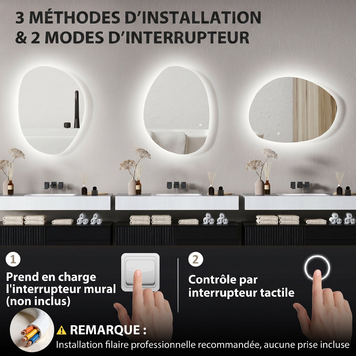 Miroir salle de bain avec éclairage LED 80 x 60 cm, miroir lumineux mural avec antibuée, mémoire, IP44, argenté
