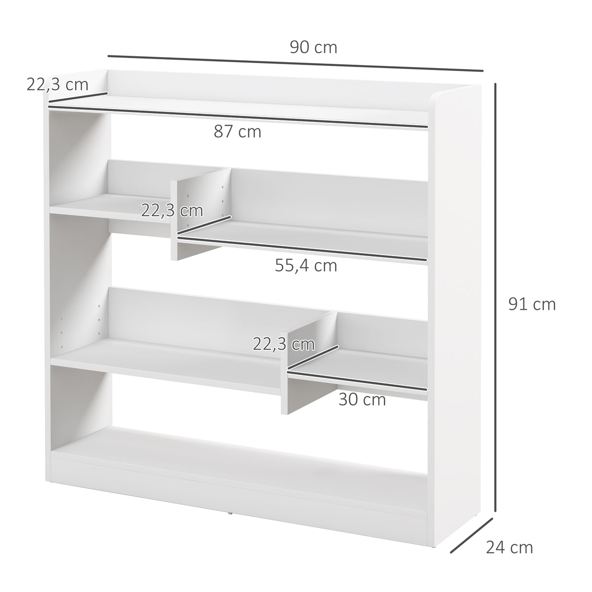 Bibliothèque étagère Meuble de Rangement dim. 90L x 24l x 91H cm 4 Niveaux 3 Panneaux arrières Panneaux de Particules Blanc