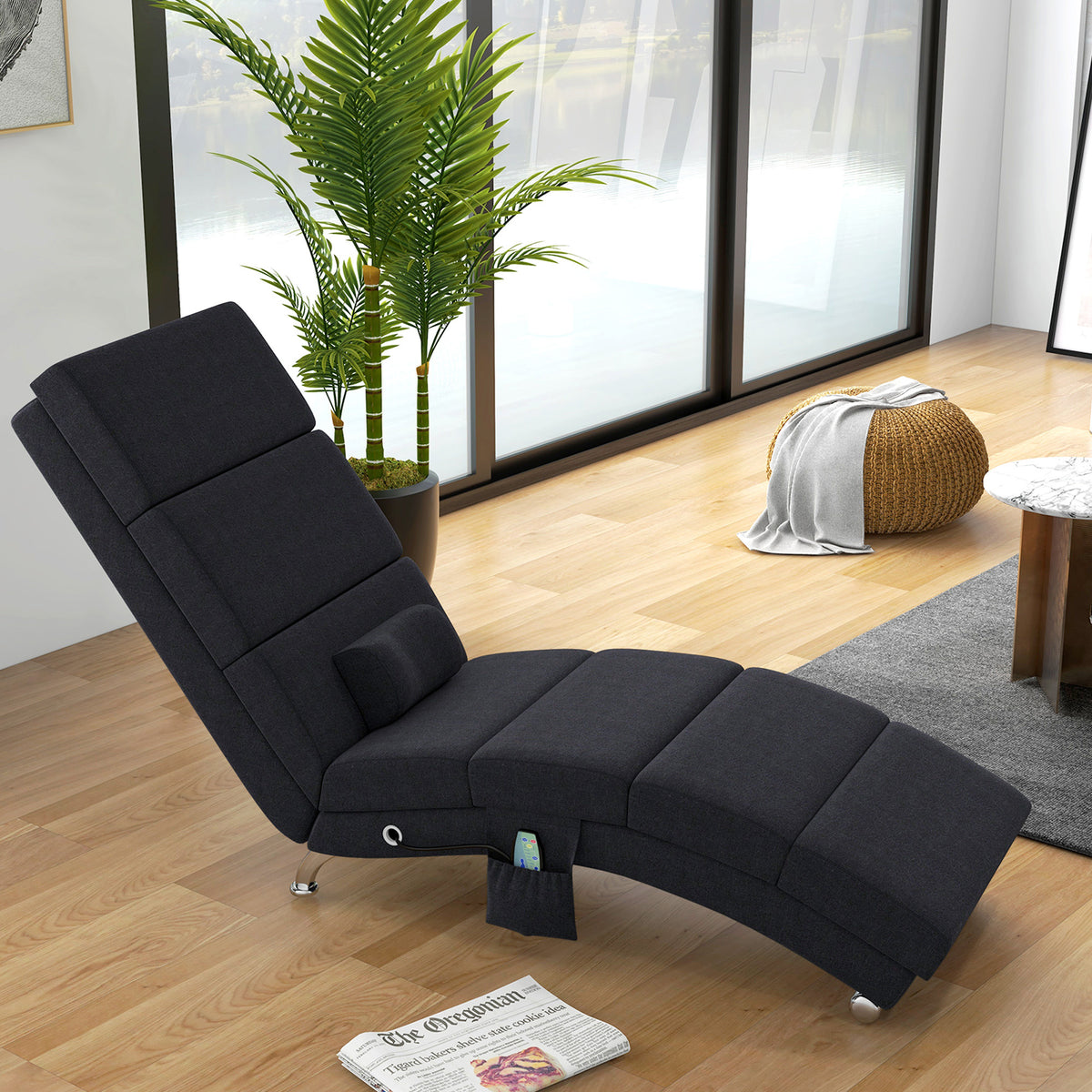 Fauteuil relax chaise longue de relaxation ergonomique, massant et chauffant avec télécommande 56 x 168 x 84 cm noir