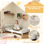 Toddler floor bed 70x140 cm with safety rail, slatted base included, and cloud decorations, white