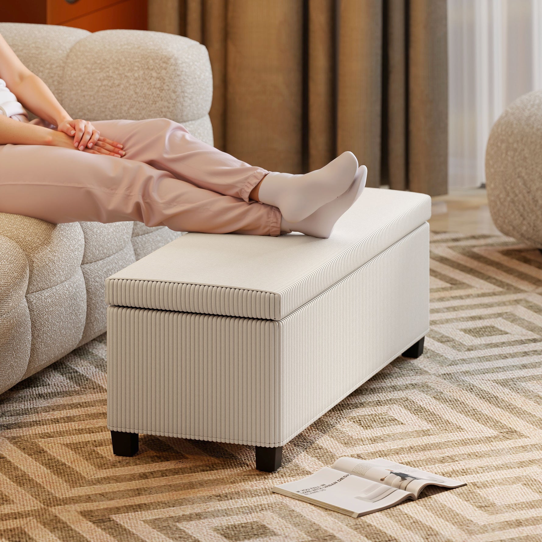 Banc de rangement bout de lit en velours côtelé avec couvercle, pour salon, chambre, entrée, 112 x 42 x 40 cm, beige