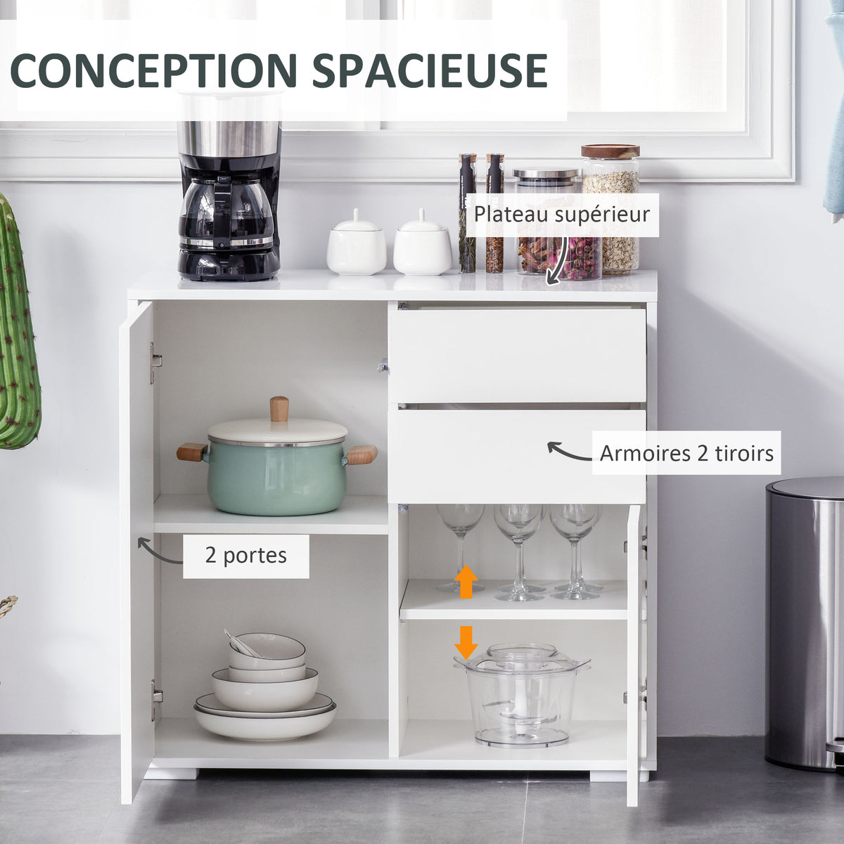 Commode Buffet Meuble de Rangement 2 tiroirs 2 Portes avec étagère 79 x 36 x 74 cm Blanc brillant