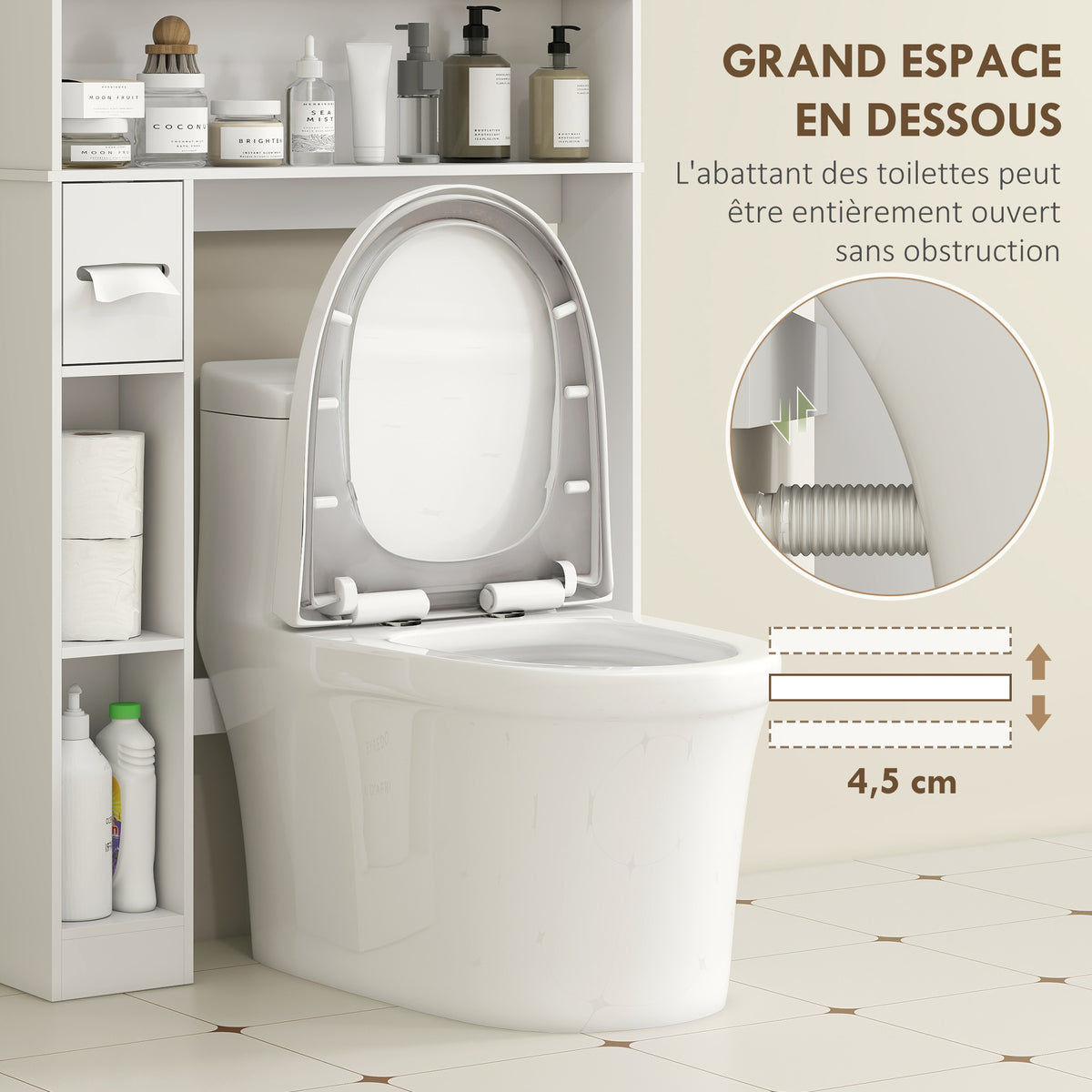 Meuble WC dessus de toilette meuble salle de bain avec placard à porte double et porte-papier 80x19,5x170cm blanc