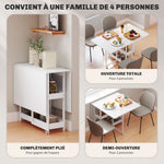 Table à manger pliante sur roulettes 4 personnes avec compartiments ouverts, pour petits espaces, salle à manger, blanc