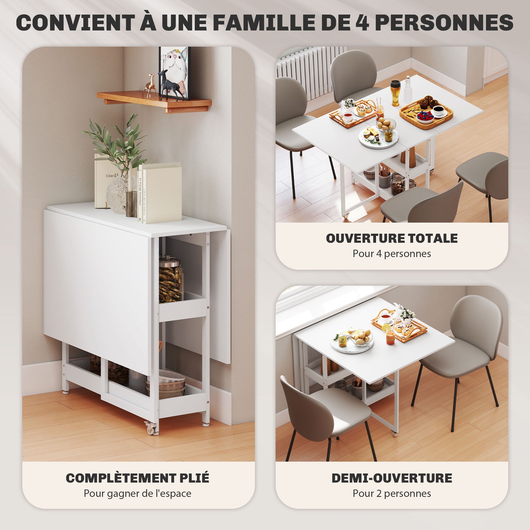 Table à manger pliante sur roulettes 4 personnes avec compartiments ouverts, pour petits espaces, salle à manger, blanc