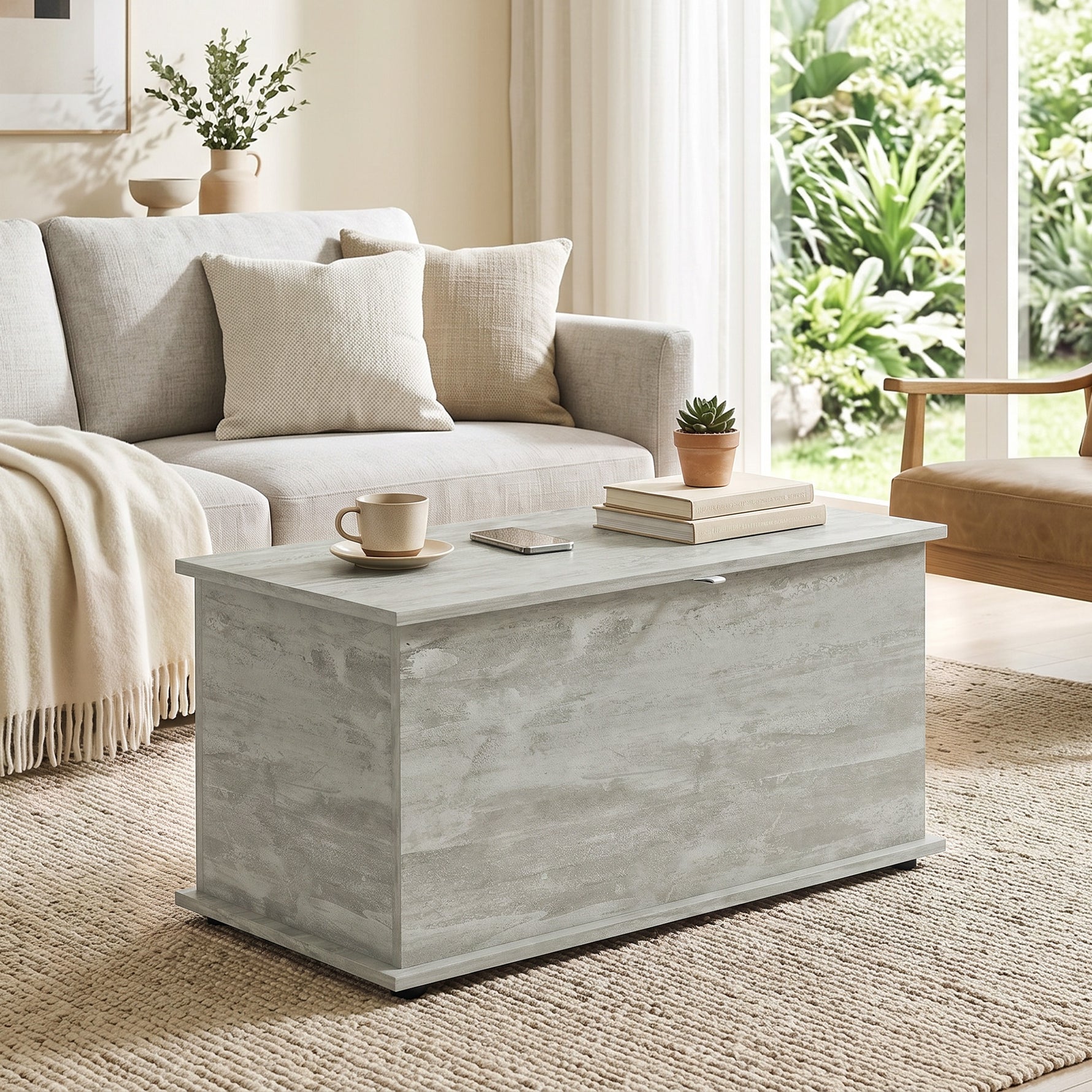 Coffre de Rangement, Banc de Rangement avec Couvercle Rabattable et Charnières de Sécurité, 80 x 40 x 45 cm, Gris