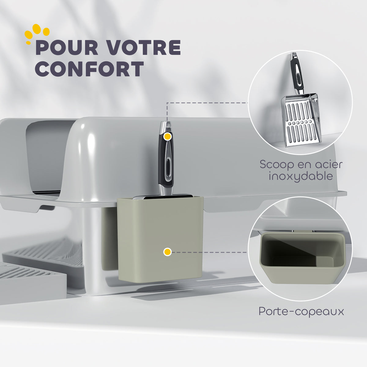 Bac à litière pour chat en acier inoxydable facile à nettoyer avec bords hauts anti-fuite d'urine, pelle inclus, gris