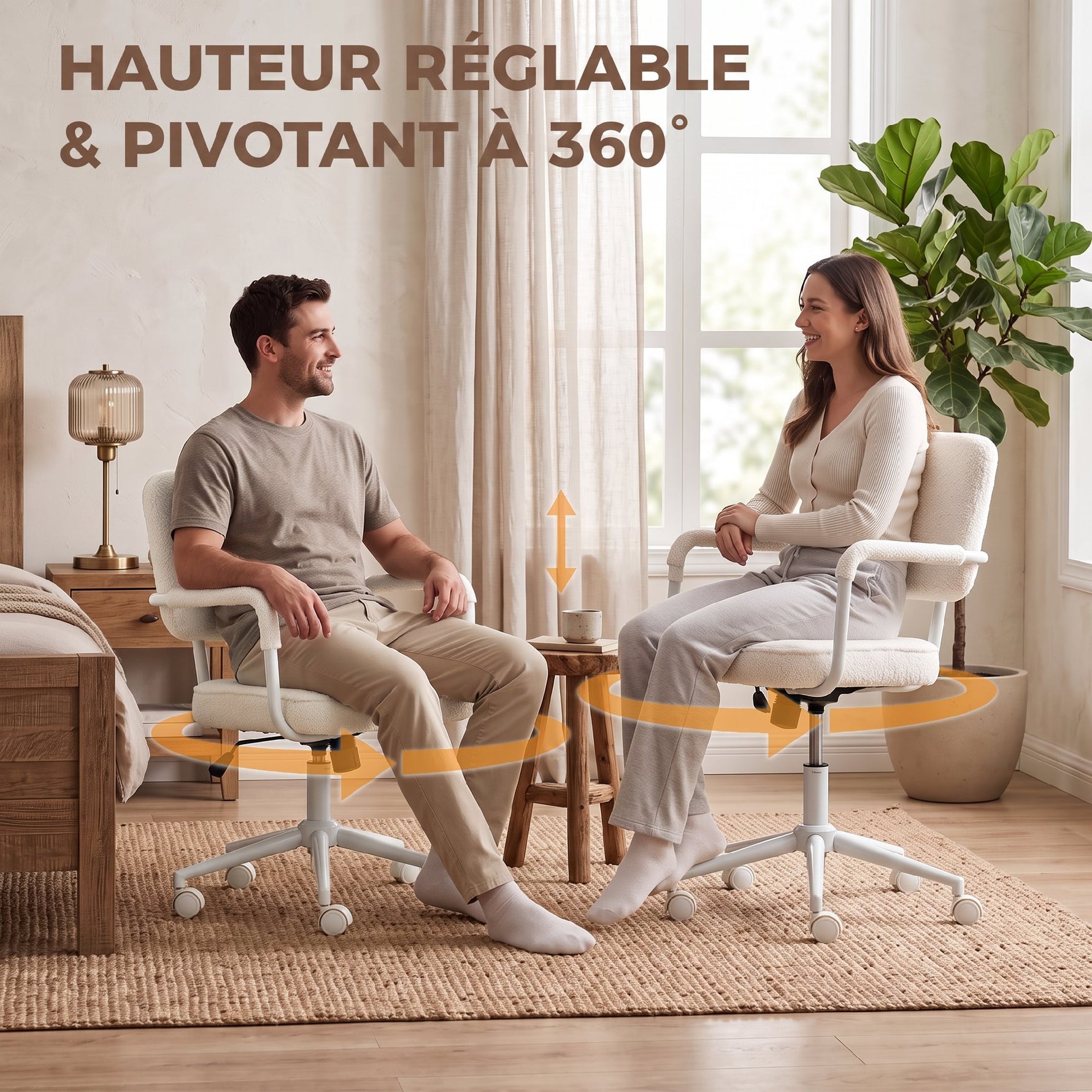Chaise Bureau Ergonomique, Fauteuil de Bureau en Tissu Bouclette avec Hauteur Réglable, Fonction Bascule, Crème