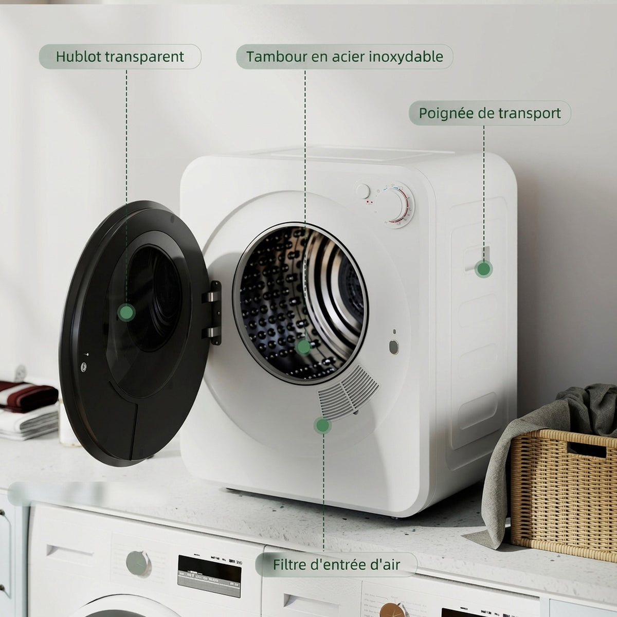 Sèche-linge à évacuation portable 2,5 Kg, sèche-linge électrique 400/800 W, 5 modes de séchage, 48 x 44 x 57 cm, blanc