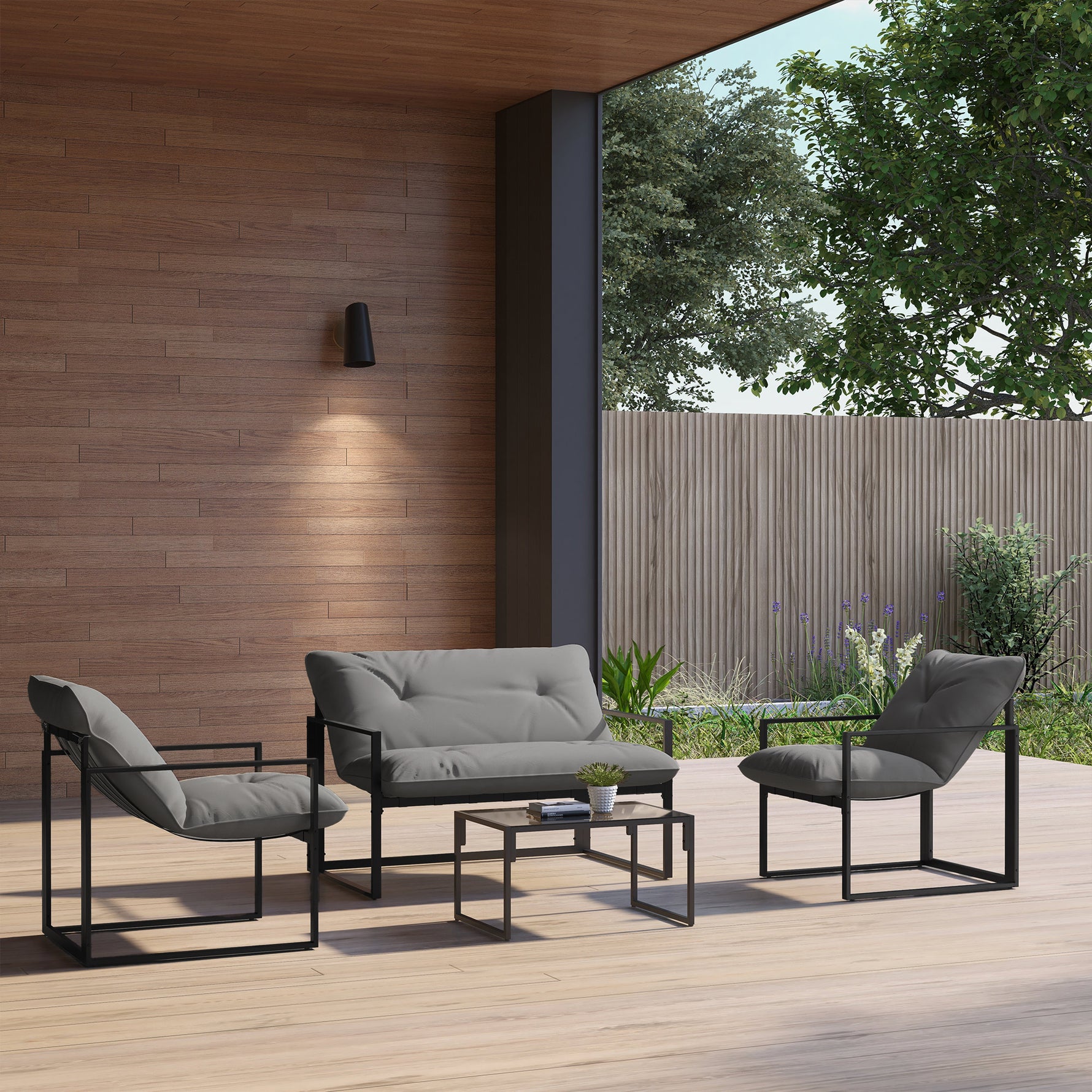 Salon de jardin 4 pièces 4 personnes avec canapé 2 places, 2 fauteuils et 1 table basse gris
