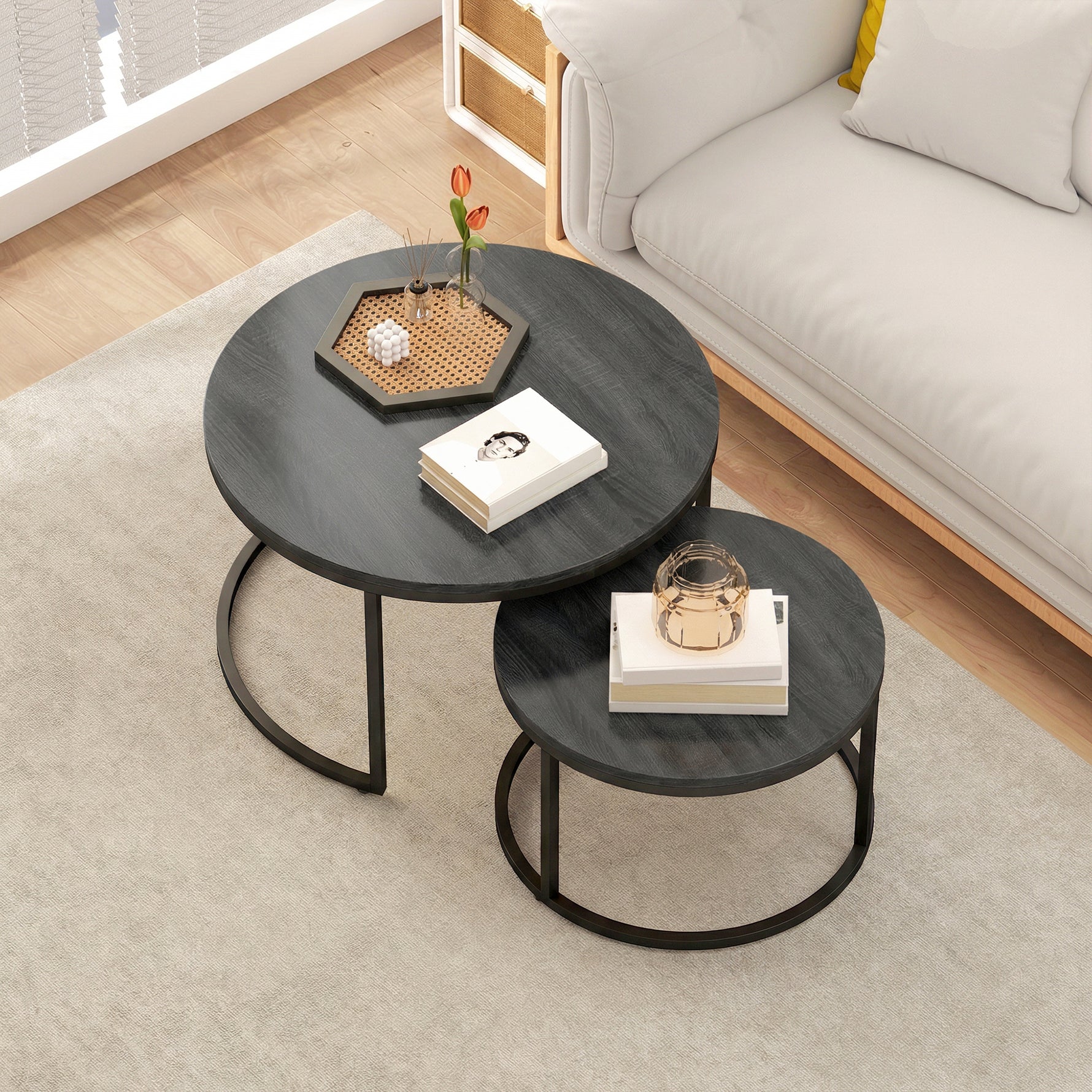 Lot de 2 tables basses gigognes empilable design industriel pieds en métal noir