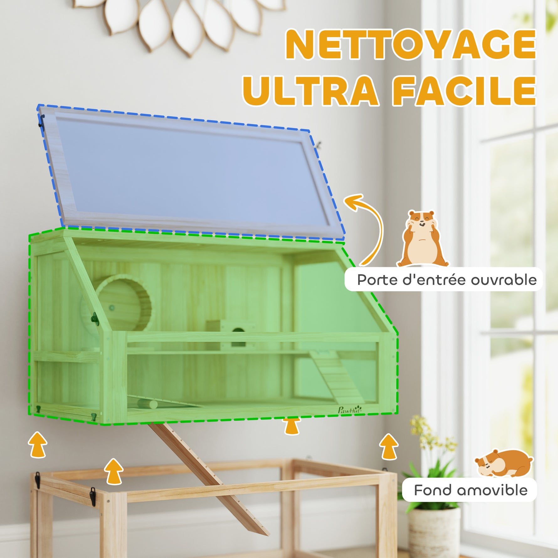 Cage hamster rongeur à 3 niveaux fond amovible de 31 cm de profondeur cabane balançoire 80x50x76cm finition bois naturel