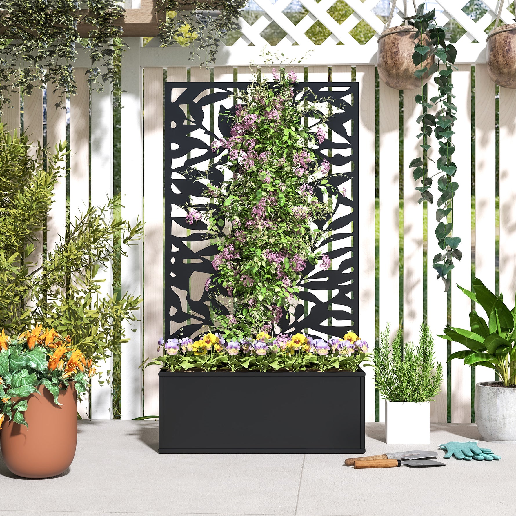 Jardinière avec treillis bac à fleurs rectangulaire grande taille panneau d'intimité métal 61 x 23 x 113 cm noir