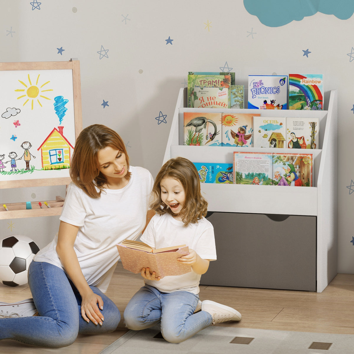Bibliothèque pour enfants Multi-Rangement avec 3 niveaux d'étagères et un tiroir, 62,5L x 30l x 70H cm, gris et blanc