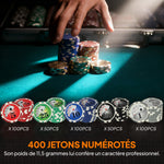 Mallette de poker coffret de poker complet 400 jetons, boîtier en ABS, cartes à jouer, dés, dealer, tapis, clés