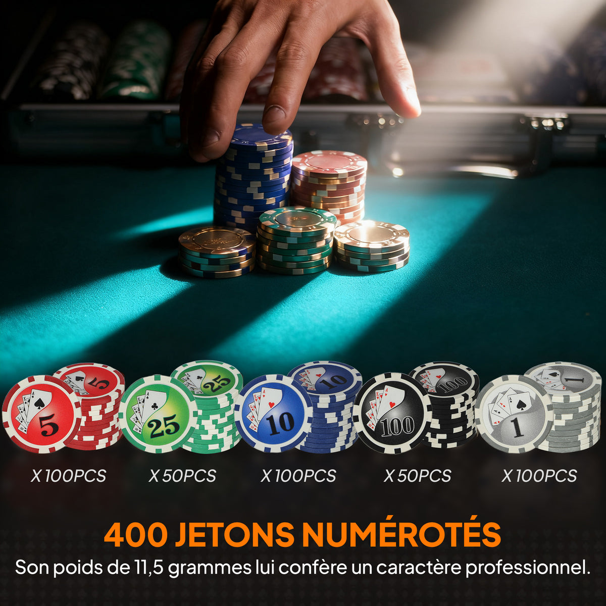 Mallette de poker coffret de poker complet 400 jetons, boîtier en ABS, cartes à jouer, dés, dealer, tapis, clés