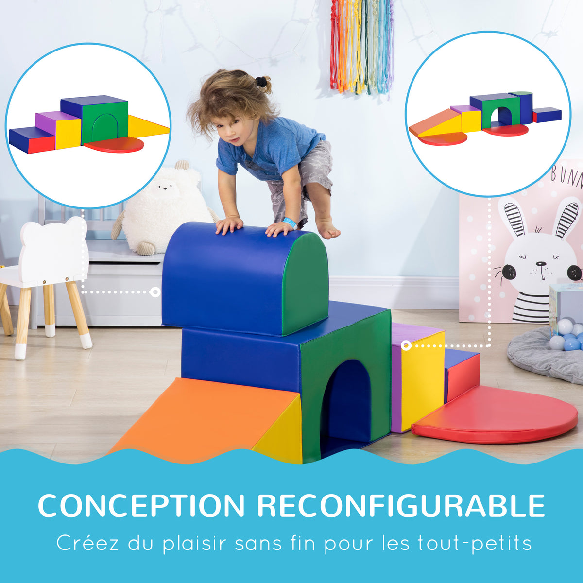 7PCS Parcours motricité bébé, jouet d'escalade, mousse blocs de construction avec revêtement synthétique, jouets éducatifs pour enfants d'âge préscolaire, multicolore