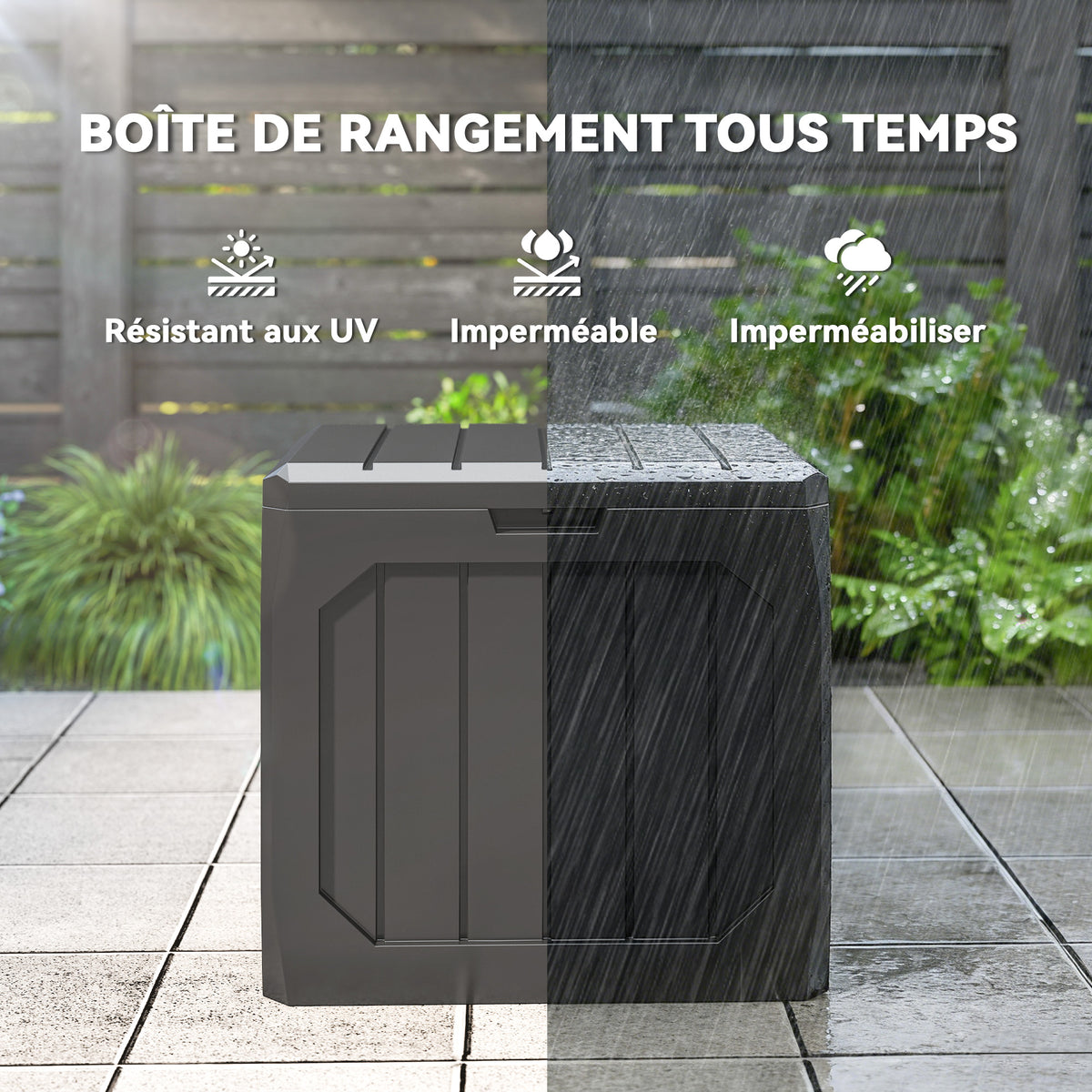 Coffre de rangement exterieur 121L, coffre de jardin avec poignées, conteneur étanche, 56 x 45 x 53 cm, noir