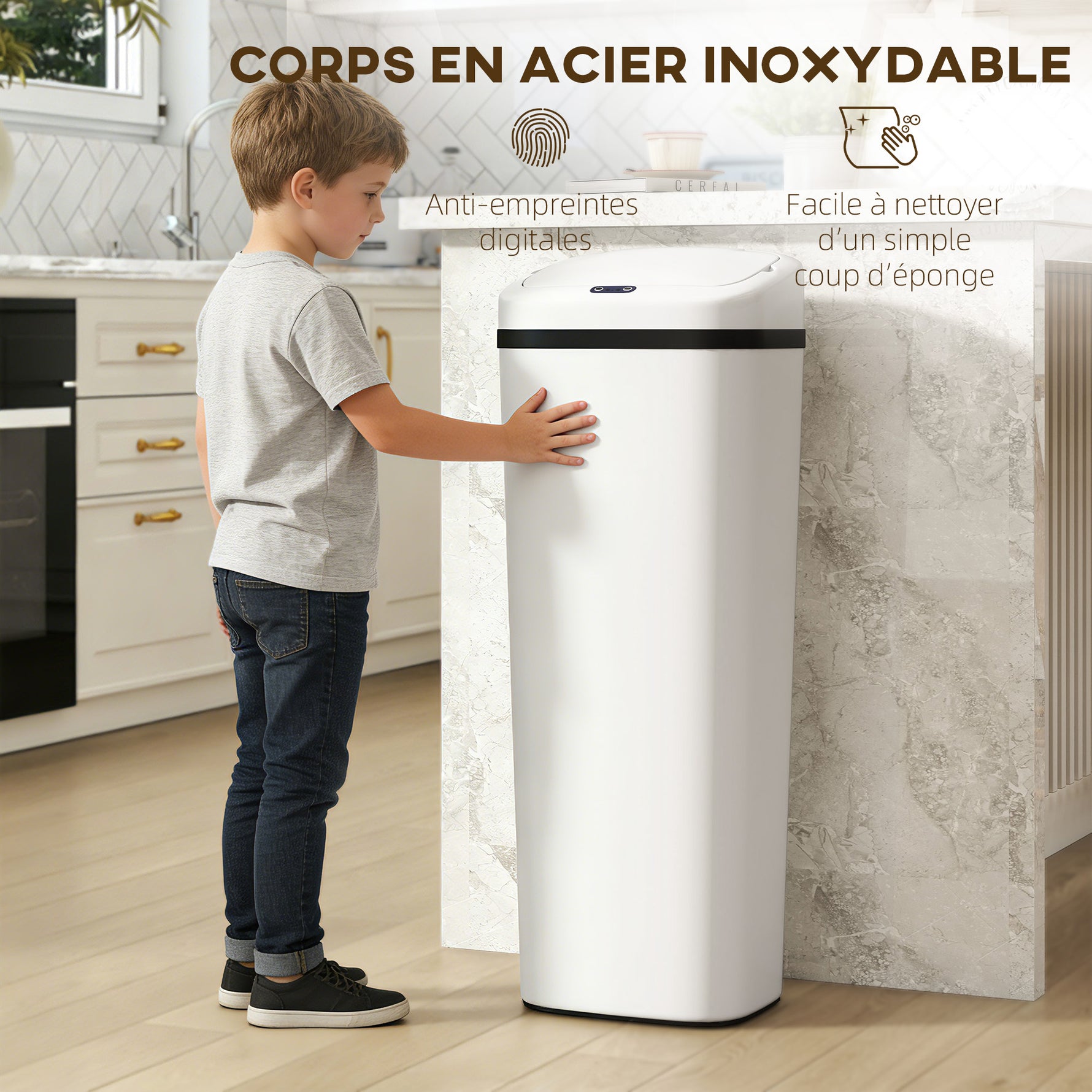 Poubelle cuisine automatique 50L en acier inoxydable, poubelle à capteur de mouvement sans contact, 33x25x84cm, blanc