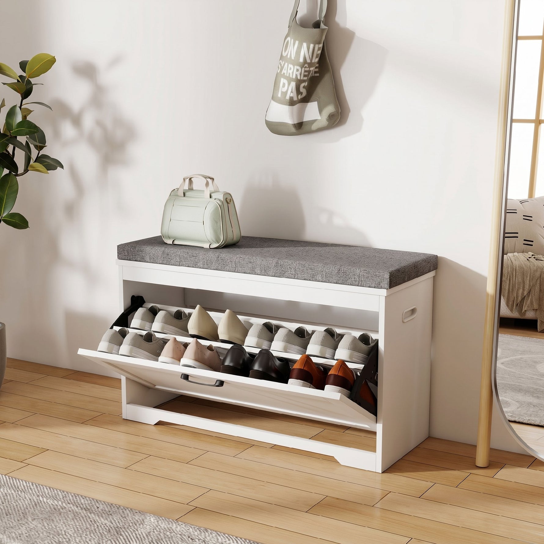 Banc à chaussures, banc d'entrée moderne avec siège rembourré, tiroir basculant et étagère ajustable, 80x30x50cm, blanc