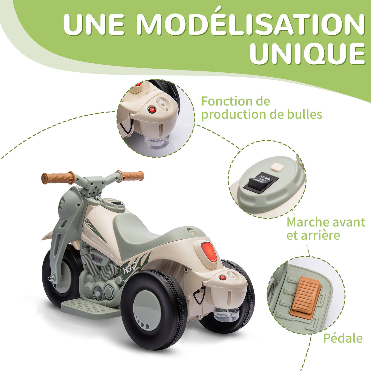 Moto elettrica per bambini 2-5 anni, 3 ruote, 6 V, 3 km/h, con funzione bolle, effetti luminosi e sonori, bianco crema