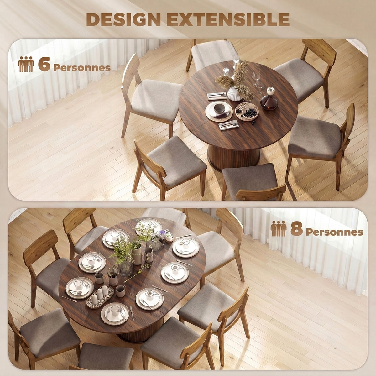 Mesa de Comedor Extensible para 6 a 8 Personas, 110-150 cm, Mesa de Cocina Ovalada con Base Central Redonda, Nogal