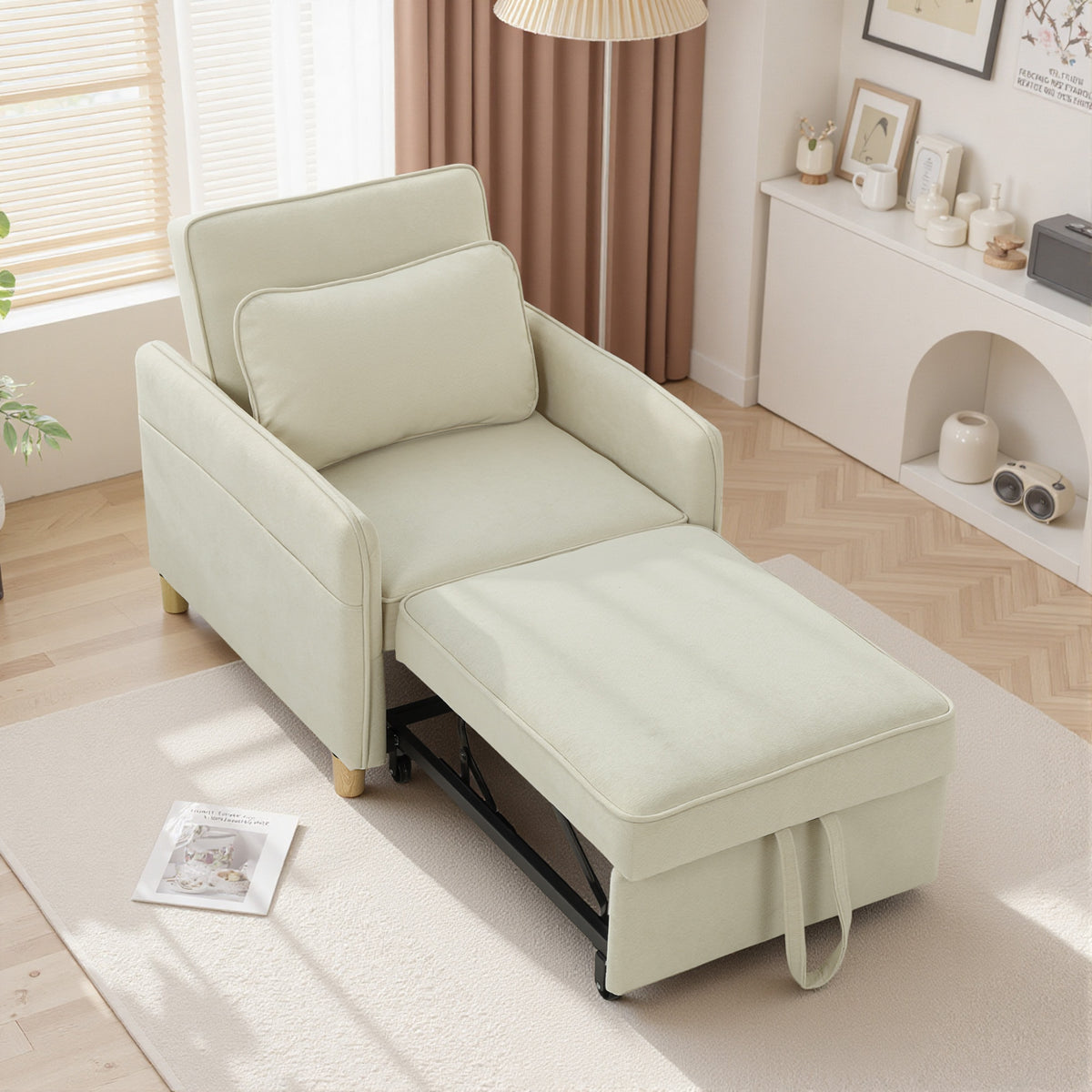 Fauteuil Convertible 1 Place, Fauteuil-Lit Clic-Clac 3 en 1 Rembourré en Velours Grain Maïs, Dossier Réglable, Beige