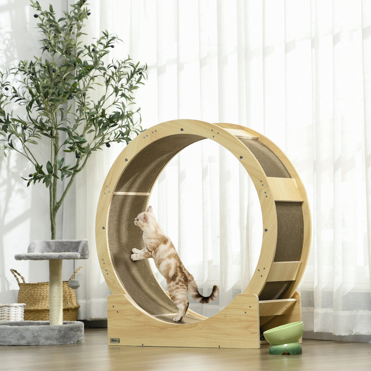 Ruota da corsa per gatti da interno tapis roulant con freno tiragraffi diametro 91 cm naturale