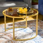 Lot de 2 tables basses gigognes rondes plateau verre trempé et pied en acier au carbone doré