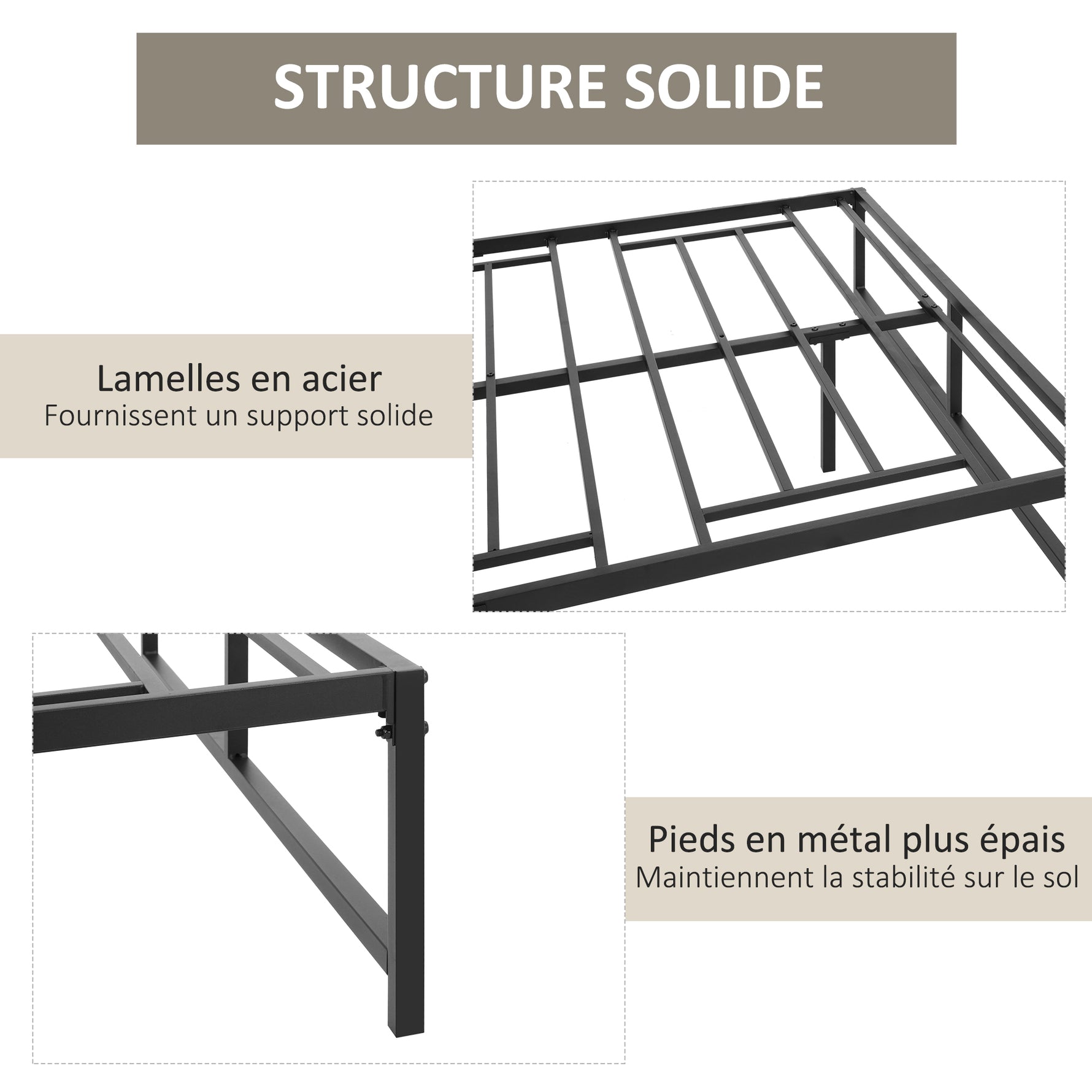 Cadre de lit double 140 x 190 cm, lit double 2 personnes en acier, hauteur 31 cm avec rangement, sommier à lattes, noir