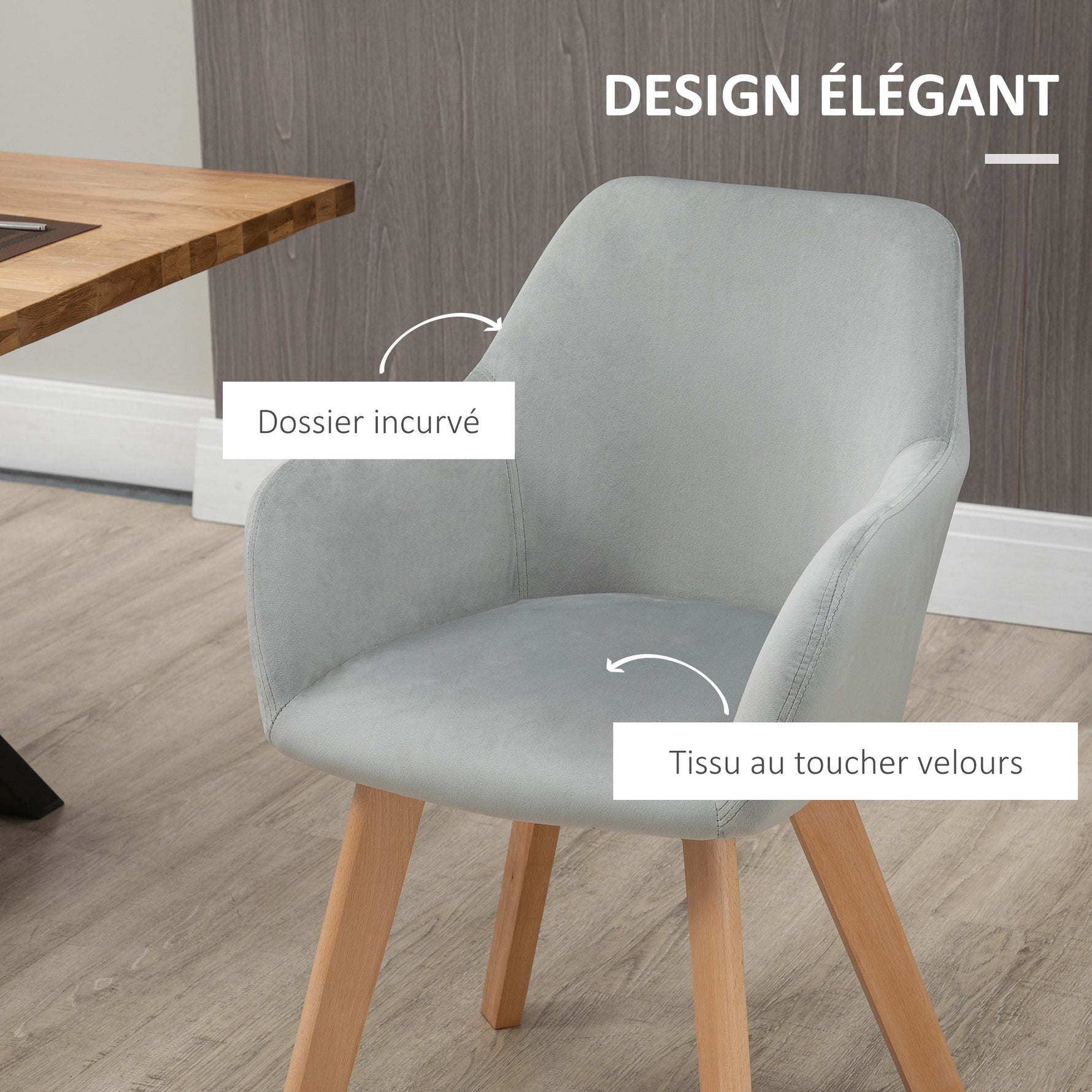 Lot de 2 chaises de salle à manger Fauteuil Assise rembourrée en tissu effet velours Pieds en bois, gris