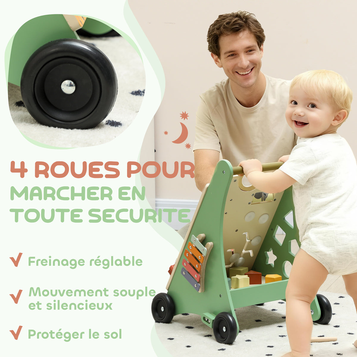 Trotteur en bois pour bébé 18+ mois, chariot de marche, contrôle de vitesse, centre d'activités, 33,5x36x46,8cm, vert