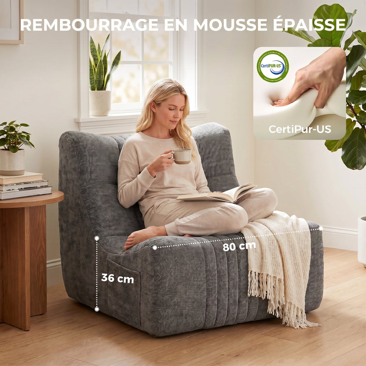 Fauler Sofa-Bodenstuhl in Schmetterlings-Silhouette mit Seitentaschen, kein Zusammenbau erforderlich, 80x90x76cm, Kastaniengrau