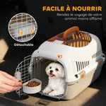 Caisse de transport chat et chien, cage de transport avec porte acier, bol de nourriture, 49 x 32 x 31 cm, gris et crème