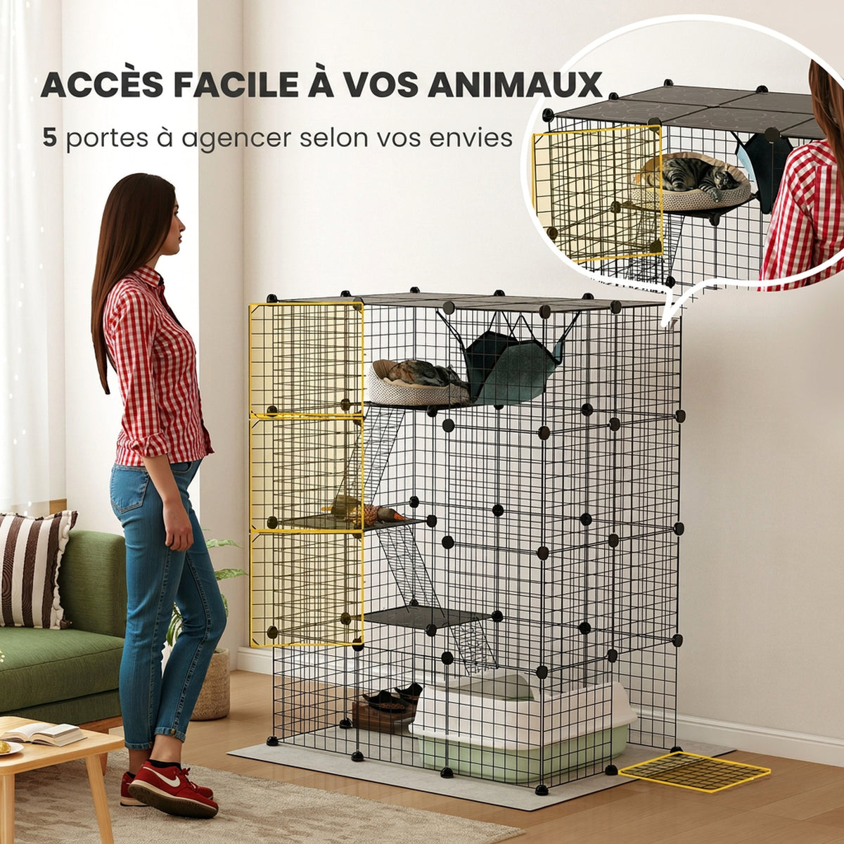 Indoor-Katzenkäfig, 4-stöckiger DIY-Katzenlaufstall aus Stahl mit 5 Türen und Hängematte, für 1-3 Katzen, 105 x 70 x 140 cm, Schwarz