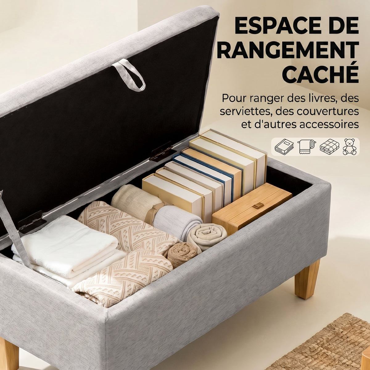 Banc de rangement, bout de lit, repose-pieds rembourré en lin avec pieds en bois de caoutchouc, 71x37x36cm, gris clair