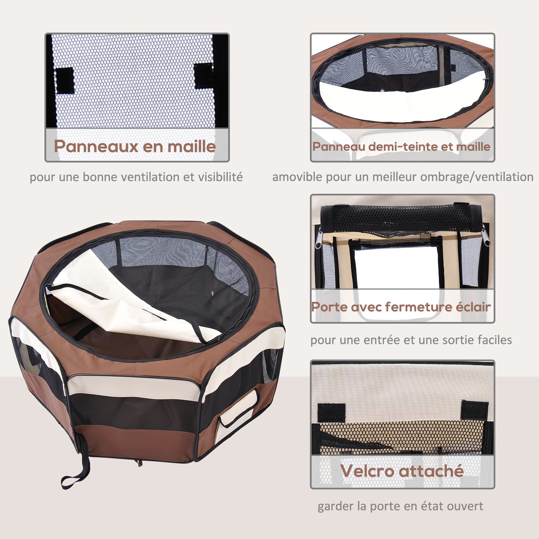 Parc enclos pliable pour chien chat petits animaux octogonal en tissu Oxford et acier Ø 90 x 41H cm marron beige
