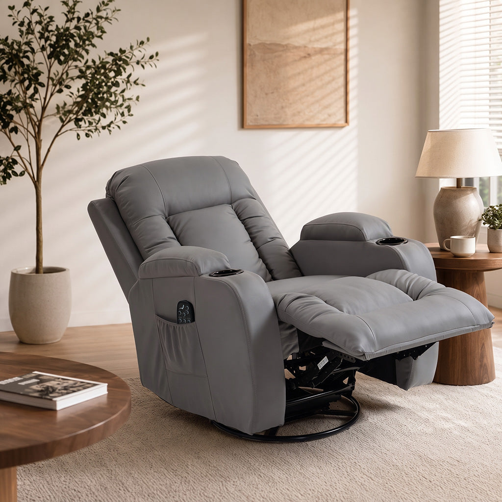 Fauteuil Inclinable de Massage et Chauffage, Fauteuil de Relaxation, Dossier Réglable, Pivotant, 82x99x103cm, Gris Clair