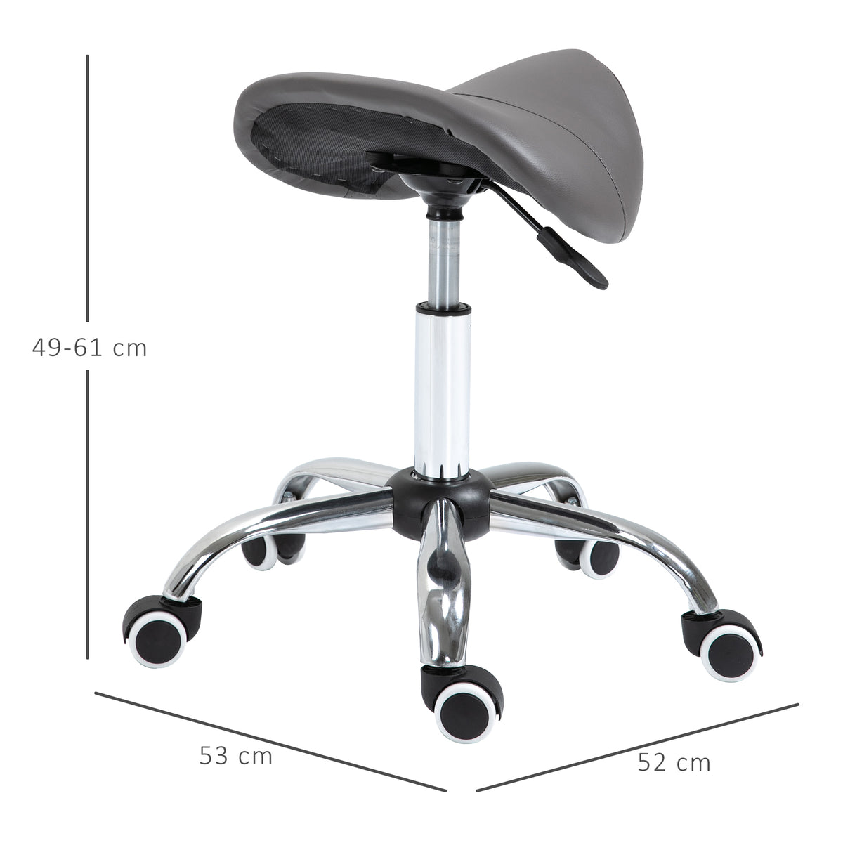 Kruk op wielen, massagekruk met in hoogte verstelbare zitting 49-61 cm en ergonomisch zadel, 360° draaibare werkstoel op wielen, voor massagesalon, tattoostudio, kliniek en spa, grijs