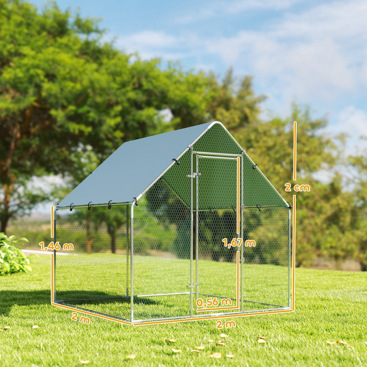 Enclos poulailler extérieur 4 m², parc grillagé - acier galvanisé Ø19mm - bâche Oxford 420D anti-UV 200x200x200cm argent