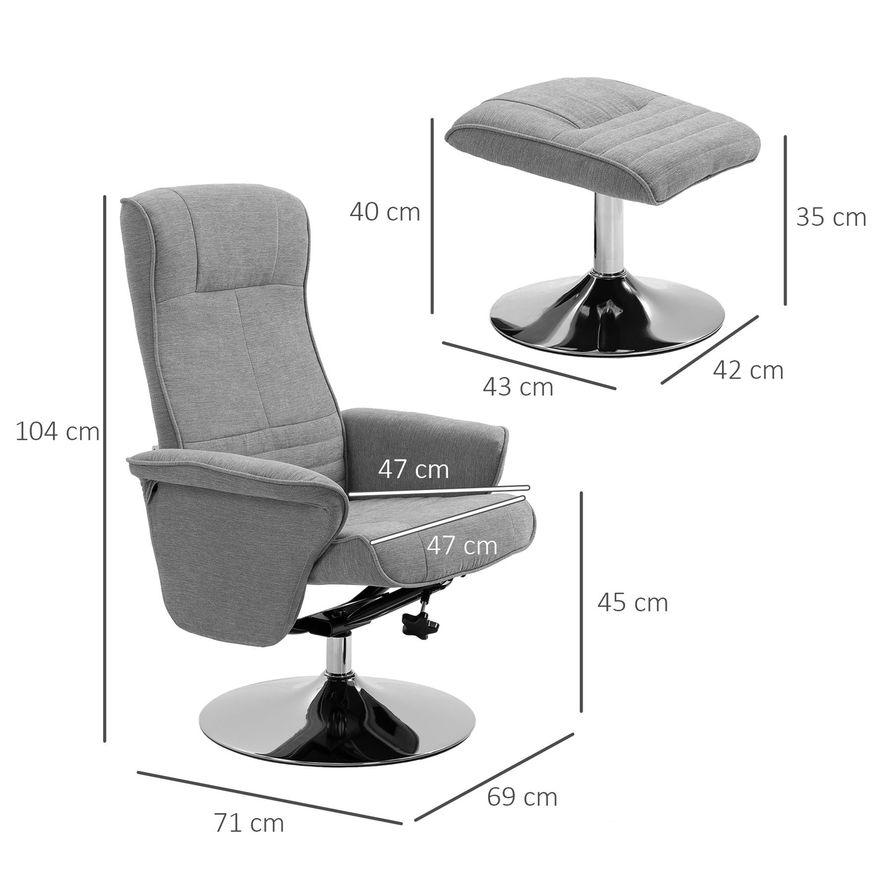 Fauteuil relax inclinable 135° pivotant 360° avec repose-pieds revêtement tissu gris