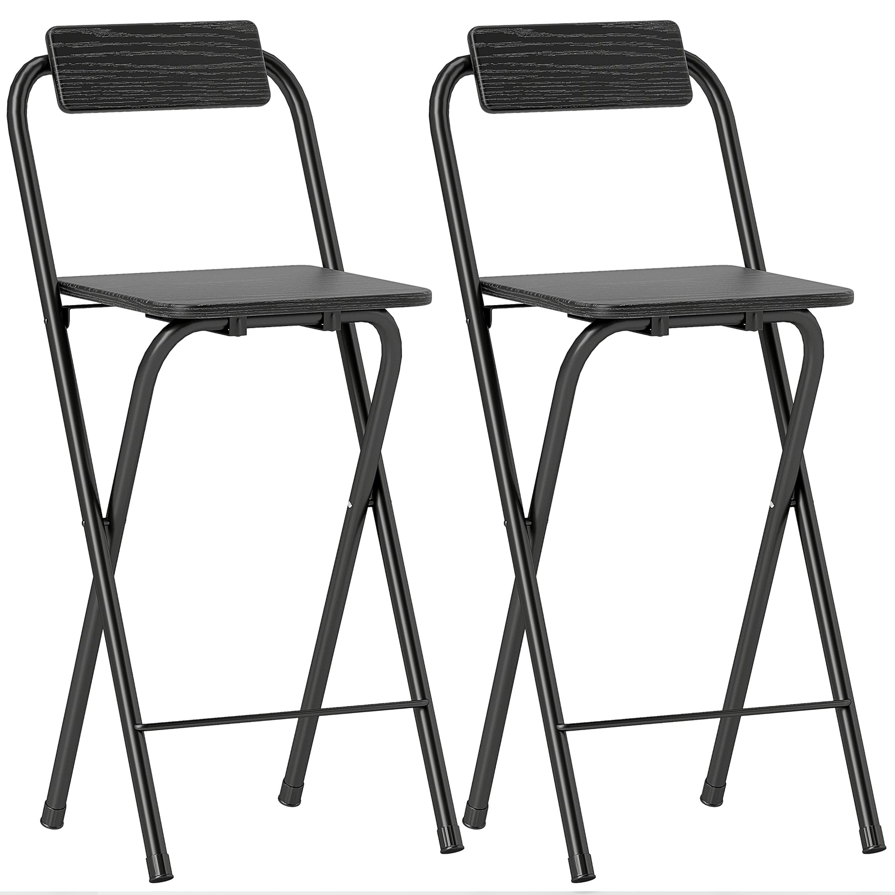 Lot de 2 tabourets de bar pliables avec dossier et repose-pieds, cadre en acier, 87 cm de haut, noir