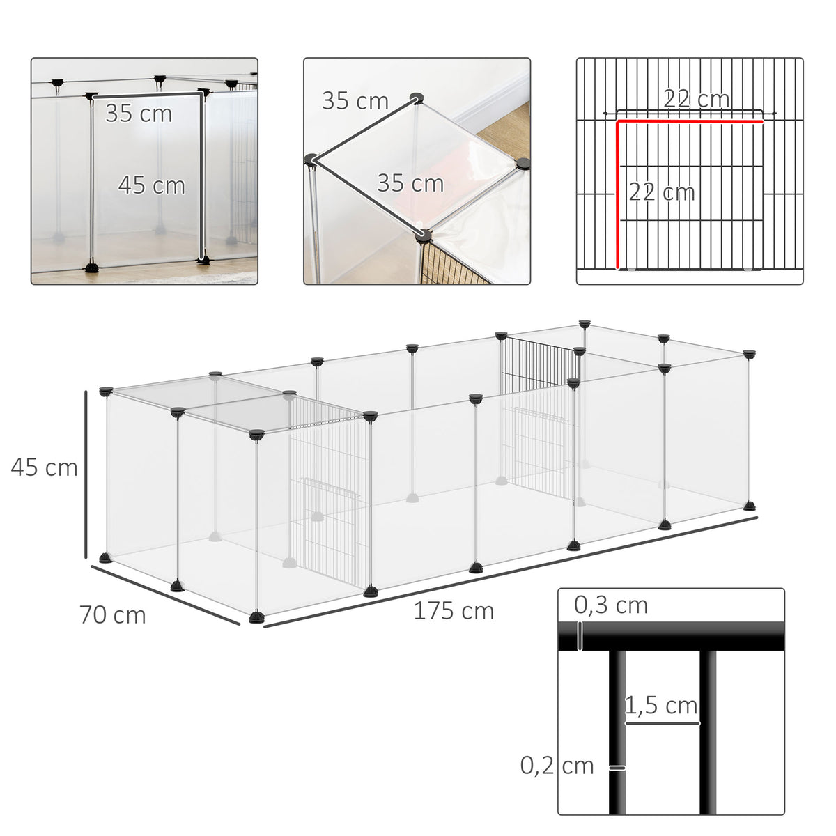 Set aus 2 modularen Kleintiergehegen, 40 Paneele für Kaninchen, Hamster, Welpen, Meerschweinchen, 175 x 70 x 45 cm, weiß