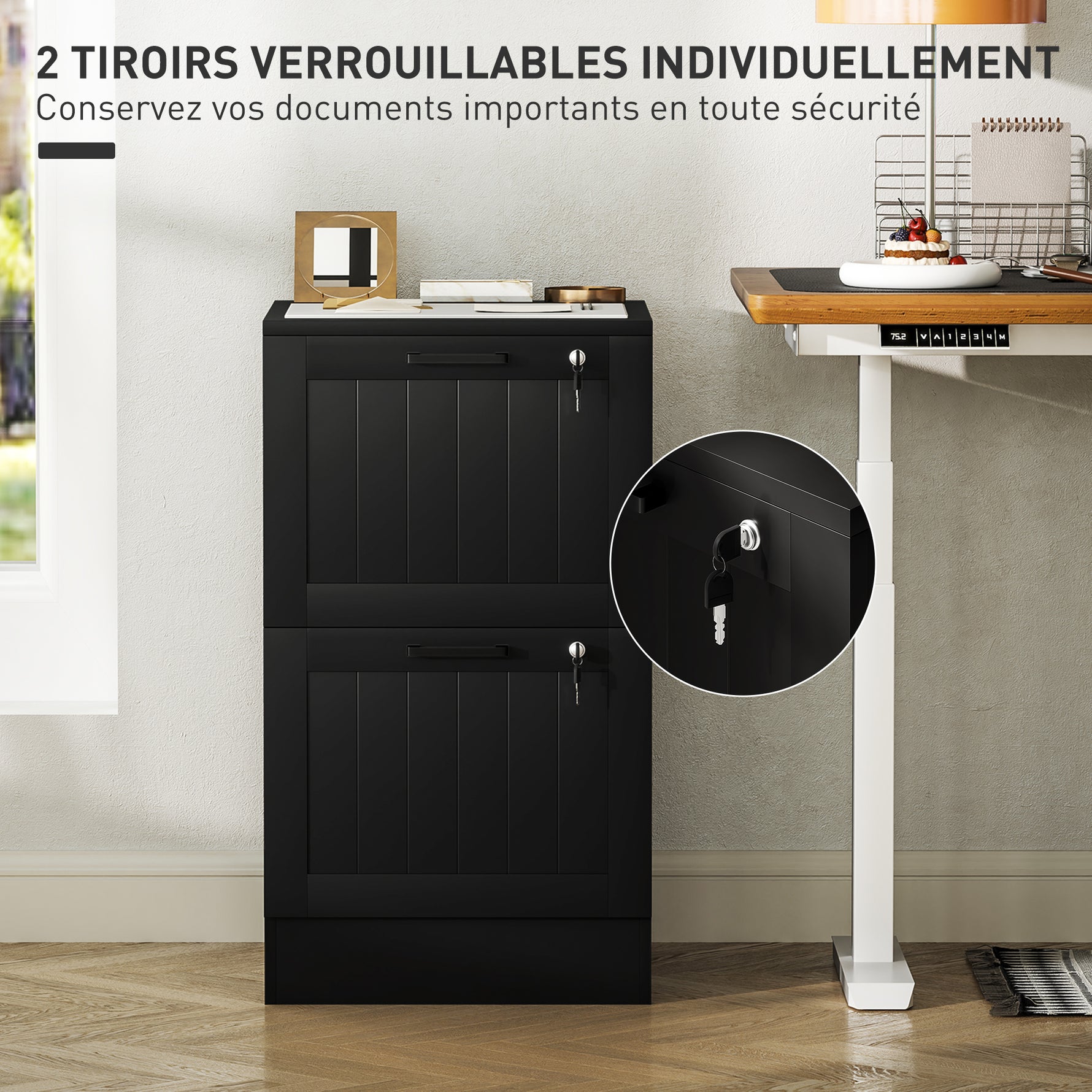Caisson bureau, meuble rangement bois 2 tiroirs et serrure, barres de suspension réglables, 40 x 40 x 71 cm, noir